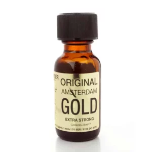 A small amber glass bottle with a black screw cap, labeled "original amsterdam gold extra strong poppers 25ml. " the label also provides volume information (25ml) and contact details including an address in leeds and a phone number.