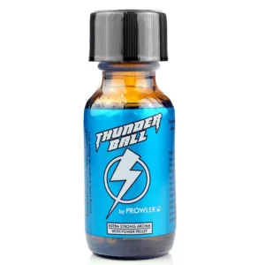 A small amber glass bottle with a black plastic cap. The 25ml bottle has a blue label with white text reading "thunderball poppers 25ml by prowler poppers" and features a lightning bolt icon. The label also mentions "extra strong aroma with power pellet.