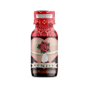 A small bottle with a red and black design featuring a rose illustration at the center. The label reads "prowler rosebud room aroma room odouriser transparent 25ml" with text at the top stating, "extra strong aroma room odouriser with power pellet. " the cap has an intricate red and white pattern.