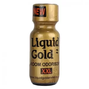 A small gold-colored bottle with a black cap labeled "liquid gold room aroma 25ml," featuring the words "room odoriser" and "xxl. " the bottle also has a "new" label on the cap and a website address at the bottom.