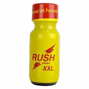 A yellow cylindrical bottle labeled "rush room aroma 25ml" with red lettering and lightning bolt graphics. The red cap states "special uk formula," and the bottle contains 25ml of product.