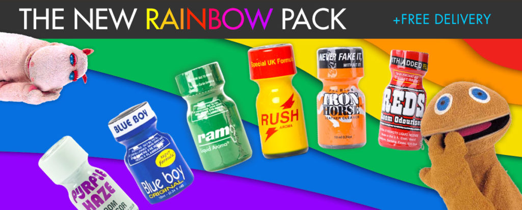 The new rainbow pack: colorful collection of novelty bottles with playful plush toys on a vibrant rainbow background – now with free delivery!.