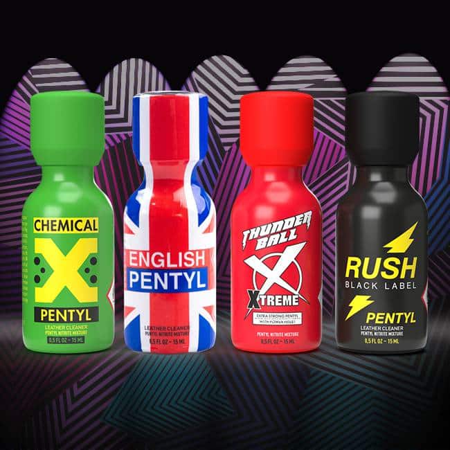 A collection of four colorful popper bottles from the pentyl pack (15ml), against a psychedelic background, each with distinct branding and design.