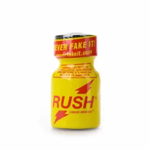 A small yellow bottle with a red lightning bolt symbol and the text "rush aroma 9ml popper" on the front. This 9ml popper features a bottle cap with a red and yellow label, displaying the text "never fake it! " and "www. Neverfakeit. Com".