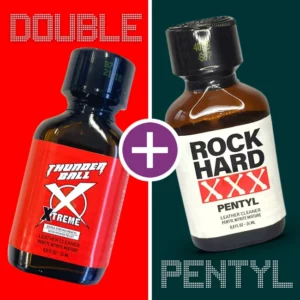 The image displays two small brown bottles of double pentyl against a split red and white background. The left bottle is labeled "thunder ball xtreme double pentyl," while the right is labeled "rock hard xxx pentyl. " a purple plus sign is in the center between them.