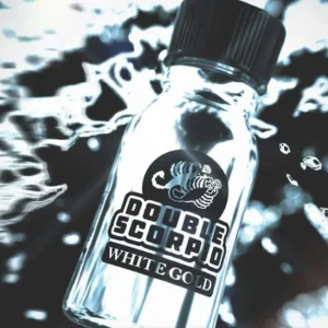 A close-up of a double scorpio white gold - 10 ml bottle, showcasing its sleek design and the shimmering label.