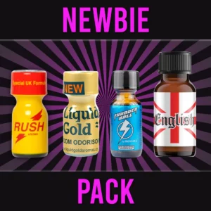 An image labeled "newbie pack" showcases four small bottles vertically aligned. The labels read: "rush," "liquid gold," "thunder ball," and "english. " against a purple starburst background, the words “newbie pack” are prominently displayed in bold pink letters, highlighting its unique appeal.
