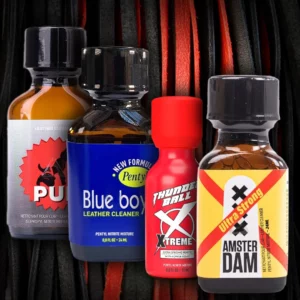 Four bottles of leather cleaner, labeled "p. U. ," "blue boy," "thunder ball xtreme," and "amster dam ultra strong," are displayed against a backdrop of red, black, and dark grey ropes. This newbie pack offers everything you need to keep your leather in top condition.