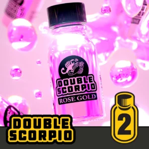 A clear bottle labeled "newbie pack" with a black cap and a scorpion logo is surrounded by pink, glossy spheres. The vibrant pink background highlights the newbie pack option. In the bottom right corner, there's a yellow icon with the number 2 and another bottle image.