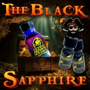 A pirate-themed advertisement showcasing bottles of "newbie pack" poppers. In the background, a treasure chest brimming with gold coins lies in a cave. Text on the image reads "the black sapphire: newbie pack available now.