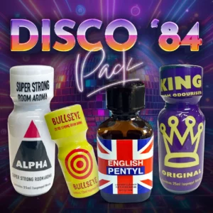 An image of four room aroma bottles in front of a disco-themed background. The bottles are labeled "alpha super strong room aroma," "bullseye extra strong room aroma," "english pentyl," and "king room odouriser original. " the title reads "disco '84 newbie pack.