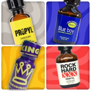 Image of four different bottles of leather cleaner. Top left: yellow "propyl" bottle. Top right: blue "blue boy" bottle. Bottom left: purple "king" bottle. Bottom right: brown "rock hard" bottle, all part of the newbie pack and set against distinct colorful backgrounds.