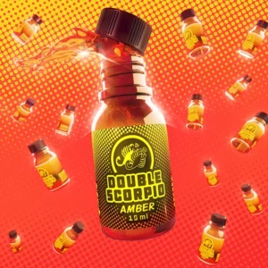 A vibrant product image of a 10 ml bottle labeled "double scorpio love potion - 10ml. " the bottle has a yellow and black label featuring a scorpion logo. The background is red and orange with multiple smaller versions of the bottle scattered around.