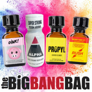 A colorful advertisement showcasing the big bang bag with vibrant splash backgrounds, entitled "the big bang bag.