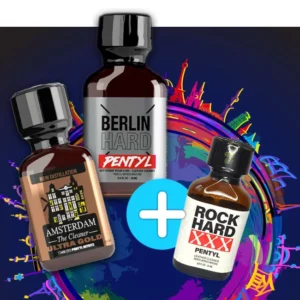 Three small bottles of products labeled "amsterdam the cleaner ultra gold," "berlin hard pentyl," and "rock hard xxx pentyl" are arranged around a plus (+) sign on a colorful, abstract background, forming the vibrant the golden fist pack.