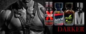 A grayscale image of a muscular person wearing a leather harness is on the left. To the right, four bottles of various poppers labeled "xtrem, juic'd black label, rush pentyl black label, and "m" black aroma" sit in front of bold red text that reads "darker". This edgy display brings an intense vibe home.