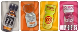 Four small bottles are displayed against a colorful background. Bottles are labeled: "berlin xxx hardcore," "plus leather cleaner," "bullseye room aromatiser," and "xtra strong room odouriser. " text on the right reads "only £19. 95. Perfect additions for your home, showcased right on our homepage.