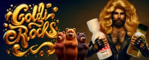 A golden-haired, bearded man in a leather jacket holding two bottles, one labeled "xxx pentyl," stands next to three anthropomorphic bears. To the left, "goldi rocks" is written in a shiny, golden font with sparkling accents. It feels like he's found his true home with these charming companions.