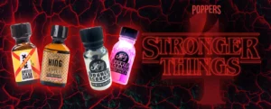 A promotional banner featuring four bottles of poppers against a cracked red background. The bottles, labeled "amster dam," "king gold," "double scorpio white gold," and "double scorpio rose gold," promise to bring the party home. Text on the right reads "poppers stronger things.