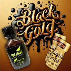 A promotional image with a black liquid splash in the background features bold golden text reading "black gold. " in the foreground, there's a bottle labeled "black gold" and two packs of "black gold" completing the luxurious setup.