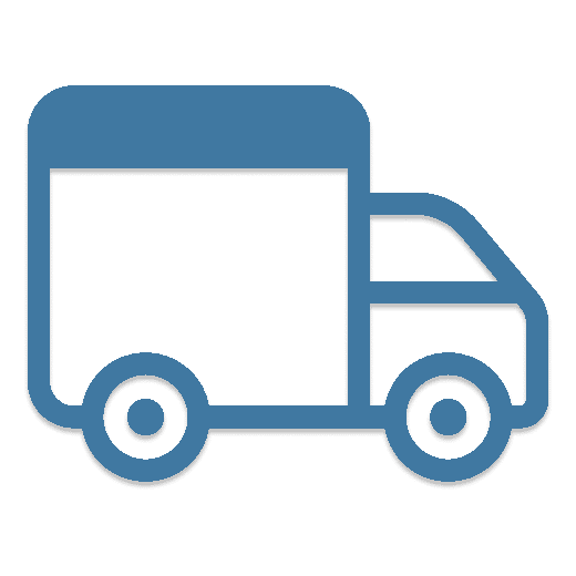 A simple blue icon of a home delivery truck facing to the right. The truck has a boxy cargo area at the back and two circular wheels. The design is minimalist and stylized.