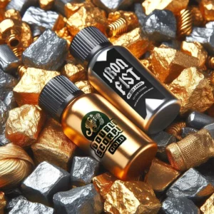 Two small metallic bottles, one gold labeled "gold score" and one silver labeled "iron fist," are lying on a mix of gold and silver nuggets and screws. The reflective, textured metal background highlights the shiny appearance of this intriguing the golden fist pack.
