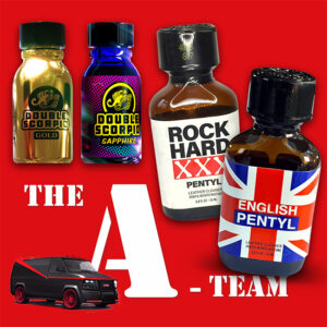 A set of four the a-team bottles are displayed with their labels visible: double scorpio gold, double scorpio sapphire, rock hard xxx, and english pentyl. The background is red with stylized text reading "the a-team" alongside an image of the a-team's iconic black and red van.